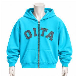 Cyan Blue Mens <b>Zip</b> Front <b>Hoodie</b> Chenille Letter Patch Heavyweight Fleece Oversized Streetwear Sweatshirt with Kangaroo <b>Pockets</b> - Product Image 1
