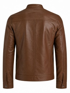 Unisex Genuine <b>Leather</b> Waterproof Moto <b>Jacket</b> Front Logo Stand Collar Zipper Closure Solid Color Autumn Style Slim Fit <b>Brown</b> - Product Image 4