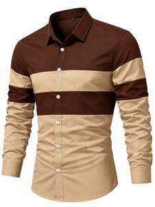 Camisa Casual de Manga Larga para Hombre, Cuello Camisero, Bloques de Color Marrón y Beige, Cierre de Botón Sencillo - Product Image 1