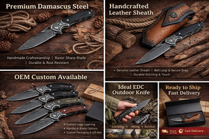 Couteau pliant en acier Damas personnalisé avec étui en cuir |   Couteau de poche EDC fait main |   Fournisseur de couteaux tactiques OEM - Product Image 3