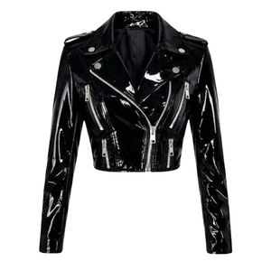 Veste moto courte en cuir verni noir pour femme |   Vêtements d'extérieur en vinyle PVC brillant pour motards, streetwear Y2K haute visibilité, finition vernie brillante - Product Image 3