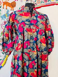 Vestido Babydoll de Algodón con Estampado Floral, Mangas Abullonadas, Estilo Smock, Silueta en A, Cintura Imperio, Mini Vestido Boho - Product Image 2