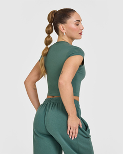 Top Corto de Punto Verde para Mujer, Manga Corta, Cuello Redondo, Color Sólido, Deportivo, Transpirable, para Primavera/Verano - Product Image 2