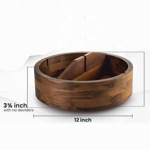 Acacia Wood 12" <b>Double</b> Tier Heavy Duty Bowl Luxury Lazy Susan Organizer 4 Dividers Kitchen Storage Tray Rotating Food <b>Bin</b> - Product Image 3
