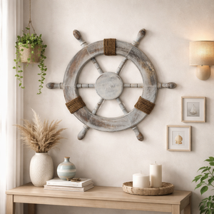 Volant de bateau nautique antique en bois de mangue, volant de direction marin vintage, décoration murale côtière, 46x46x4cm, art mural en bois fait main - Product Image 2