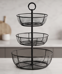 Panier de rangement à fruits en fil métallique noir à 3 niveaux avec poignée, support de présentation de légumes pour cuisine, vente en gros - Product Image 4