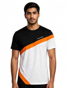 T-shirt à manches courtes pour homme en jersey 100% coton, color block, avec motif lettres, col rond anti-boulochage, noir, blanc, orange - Product Image 1