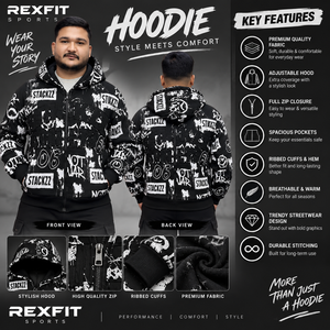 Sudadera con Capucha Oversize Personalizada Rexfit para Hombre, Estilo Urbano, Negra con Estampado y Bolsillo Frontal con Logotipo - Product Image 3