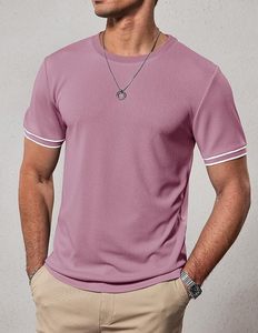 T-shirt pour homme à manches courtes, coupe ajustée, couleur unie, col rond, en coton tricoté, vêtement décontracté, design à bordure contrastée - Product Image 5