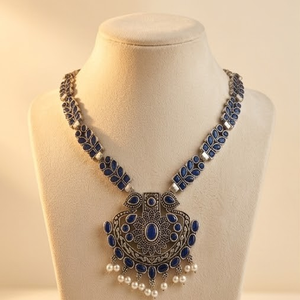 DIVYORO ELEGANT <b>BLUE</b> STONE and SILVER LEAF MOTIF LONG ADJUSTABLE LENGTH WOMEN'S ETHNIC <b>NECKLACE</b> - Product Image 1