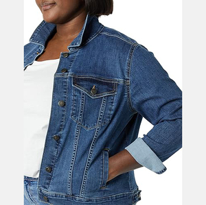Veste en jean bleu classique pour femme, col rabattu décontracté, boutonnage frontal, couleur unie, coton délavé, coque en cuir véritable, coupe régulière - Product Image 6