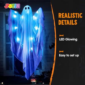 Decorazione di Halloween con Fantasmi Appesi e Luce LED Blu Spettrale, 47 Fantasmi Bianchi, Decorazione Festiva per Halloween - Product Image 3