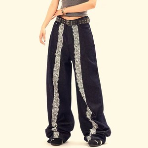 Pantalones Vaqueros Anchos de Cintura Alta con Rayas de Encaje para Mujer, Diseño Personalizado, Estilo Casual - Product Image 5