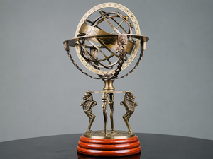 Globe armillaire en laiton avec anneau zodiacal et support hippocampe, sculpture astronomique vintage, centre de table de luxe - Product Image 2