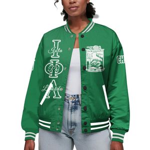 Chaqueta Universitaria Personalizada Iota Phi Lambda para Mujer, Color Verde Esmeralda, con Letras, Escudo, Número y Año, Chaqueta Bomber de la Hermandad - Product Image 1