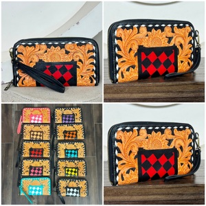 Sunflower Stylish Hand Tooled Genuine <b>Leather</b> Clutch Floral Checkered Pattern Zipper Clutch & <b>Purse</b> For Women's Shopping - Product Image 1