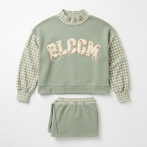 Jolly Embroidered <b>2</b> <b>Piece</b> Shorts Set Women's Full Sleeve Loose Fit Fleece Winter Gingham <b>Outfit</b> - Product Image 6
