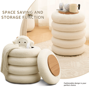 Pouf Contenitore Rotondo Moderno in Sherpa con Vassoio Ribaltabile, Sgabello da Toeletta in Teddy, Sedia Imbottita per Trucco, Arredo Casa - Product Image 4