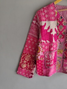 Pink Quilted <b>Patchwork</b> <b>Jacket</b> Women's V-Neck Three Quarter Sleeve Cotton Spring Style Regular Length Hand Embroidery Design gift - Product Image 2