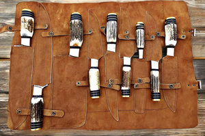 PASHA ENTERPRISES Ensemble de 9 couteaux de cuisine faits à la main en acier inoxydable, manches en corne de cerf, embout en laiton, finition polie miroir - Product Image 4