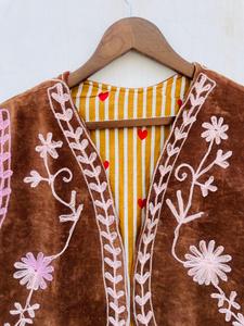 Brown Velvet Lightweight Bohemian <b>Floral</b> Embroidered Zipper Closure Cotton Vest Women Short V-neck Streetwear <b>Waistcoat</b> - Product Image 2