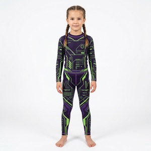 Conjunto de Rash Guard y Spats de MMA para Niñas, Manga Larga, Estampado Digital Morado y Verde, Compresión Elástica en Cuatro Direcciones - Product Image 1