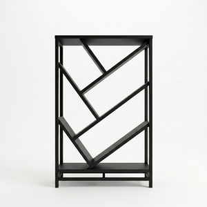 Étagère ouverte contemporaine en bois massif géométrique, noir mat, avec étagères inclinées, présentoir, bibliothèque en forme d'arbre, meuble de salon - Product Image 1