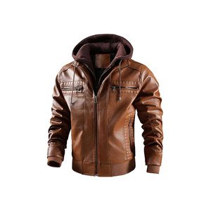 Blouson moto pour homme en cuir PU marron avec fermeture éclair et poches, coupe classique, style automne - Product Image 1