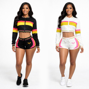 Ensemble 2 pièces OEM pour femme : Haut court zippé à manches longues color block et short taille haute à cordon de serrage – Tenue assortie - Product Image 1