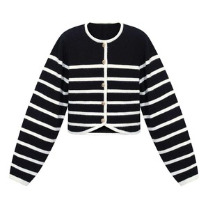 Cardigan en tricot de coton respirant à col rond pour homme, style universitaire rétro, boutonné, rayé, pour le printemps et l'automne - Product Image 1