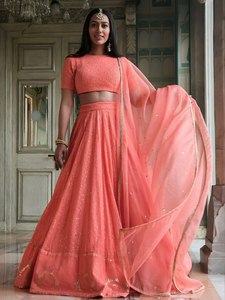 Lehenga de Diseño Color Coral Melocotón con Blusa Corta de Cuello Redondo - Lujoso Bordado con Lentejuelas y Hilo, Preconfeccionado, Étnico para Mujer - Product Image 1