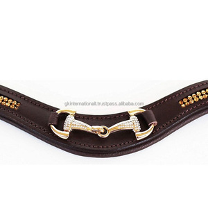 Correa de cuero para cejas de caballo, banda acolchada de cuero, doble cosido con cadena de cristal de dos filas y cubierta - Product Image 2