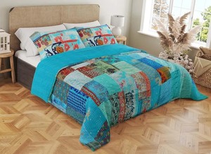 Indian Vintage Patchwork Kantha <b>Bed</b> Cover Handmade Patola Silk Cotton Filled All-Season Bohemian Bedding <b>Throw</b> From Rajasthan - Product Image 4