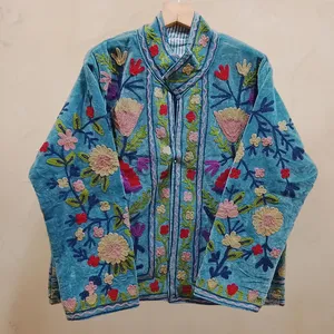Chaqueta Bordada Suzani de Algodón para Mujer, Azul Floral, Estilo Bohemio, Étnico, Hecha a Mano, Vintage, Informal - Product Image 4