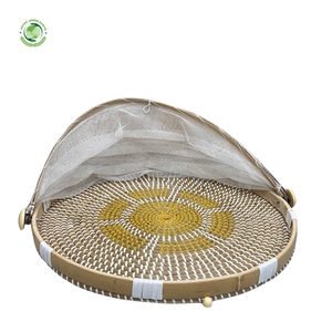 Woven straw food <b>cover</b> with gold pattern Kitchenware and <b>table</b> decoration Wholesale eco-friendly Made in Vietnam - Product Image 1