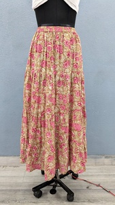 Elegant beige floral tiered <b>skirt</b> crafted in soft breathable fabric charming pink blossoms delicate green foliage <b>prints</b> - Product Image 5