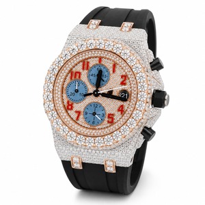 Luxury Diamond Chronograph <b>Watch</b> Men's Analog Quartz Rubber Strap Round <b>Case</b> Stainless Steel - Product Image 2