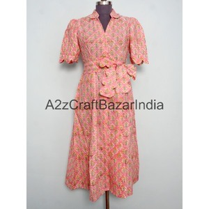 Vestido Midi de Mujer, Nuevo Diseño, 100% Algodón, Tejido de Punto, Estampado Floral, Corte en A, Cuello en V, Mangas Cortas, Bolsillos, Decoración con Botones - Product Image 3