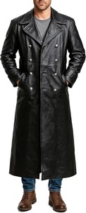 Manteau long en cuir véritable noir pour homme, double boutonnage, col rabattu, veste décontractée d'hiver, vêtement d'extérieur pour l'hiver - Product Image 6