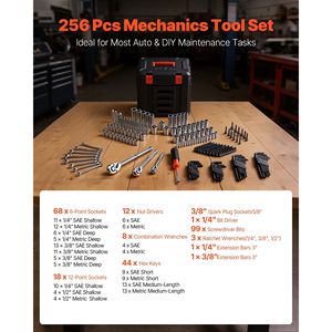 Set di Attrezzi per Riparazione Auto da 256 Pezzi, Kit Meccanico con Chiavi a Bussola SAE e Metriche da 1/4, 3/8, 1/2 Pollici, Cacciaviti - Product Image 3
