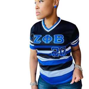 Zeta Phi Beta Black Striped Baseball Jersey Women Blue White Sublimation Polyester Short Sleeve Athletic Shirt Stylish Fit - Product Image 5