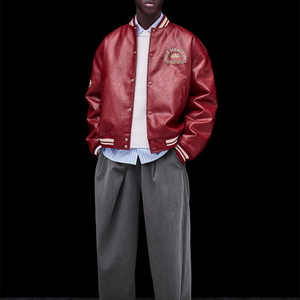 Men'<b>s</b> Red PU Varsity <b>Jacket</b> Preppy Style Embroidered Logo Turn-down Collar Regular Sleeve Autumn Wear leather cowhide chenille - Product Image 5
