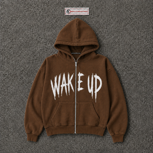Sweat-shirt à capuche surdimensionné marron avec fermeture éclair, imprimé graphique Wake Up, streetwear pour homme, fermeture éclair intégrale, sweat-shirt à capuche décontracté, mode urbaine, hiver - Product Image 5