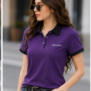 เสื้อโปโลแขนสั้นสีม่วงสำหรับผู้หญิงของไวบ์ คราฟท์ผ้าอ็อกซ์ฟอร์ดระบายอากาศได้ดี สีพื้น พร้อมพิมพ์ตัวอักษรโลโก้ด้านหน้า - Product Image 4