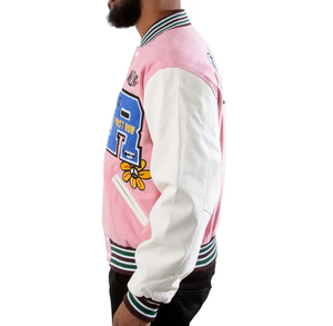 Veste universitaire personnalisée pour homme en laine et cuir chenille avec col montant et capuche rembourrée de duvet, design brodé style Letterman - Product Image 2