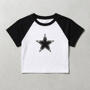 Trending Contrast Sleeve Raglan Baby Tee Custom Luxury <b>Rhinestone</b> <b>Crop</b> <b>Top</b> Vintage Inspired women's shirt Contemporary Slim Fit - Product Image 3