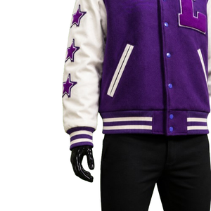 <b>Men's</b> <b>Purple</b> Varsity Jacket With Embroidered L Logo And Stars Preppy Style Baseball Jacket Regular Fit Turn-down Collar - Product Image 4