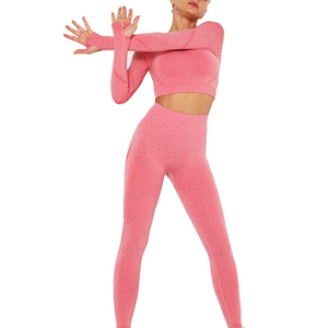 Ribbed Yoga Set High Waist Full Length Leggings Scoop Neck Racerback Sports <b>Bra</b> Seamless Breathable Solid Color 2 Piece Set - Product Image 3