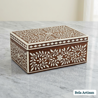 Boîte à bijoux rectangulaire en bois sculpté à la main avec incrustation d'os, motif feuilles de vigne, Bela Artisan, organisateur de rangement pour salon M 1.5