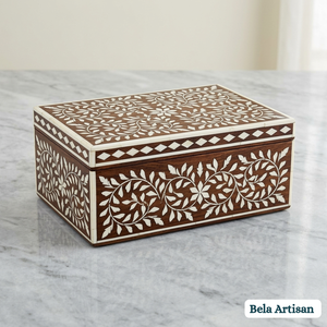 Handcrafted Wood & Bone Inlay Jewelry <b>Box</b> with Vine Leaves Pattern Bela Artisan Home Storage Organizer for Living Room - Product Image 1